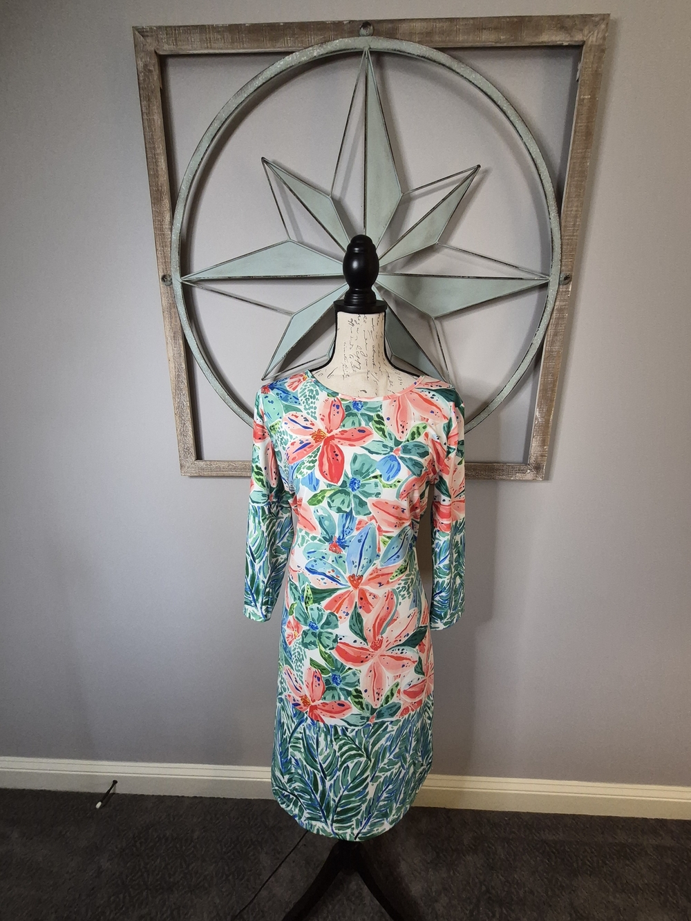 Jean-Pierre Klifa Paris 3/4 Sleeve Midi Shift Dress Bonaire Floral - M